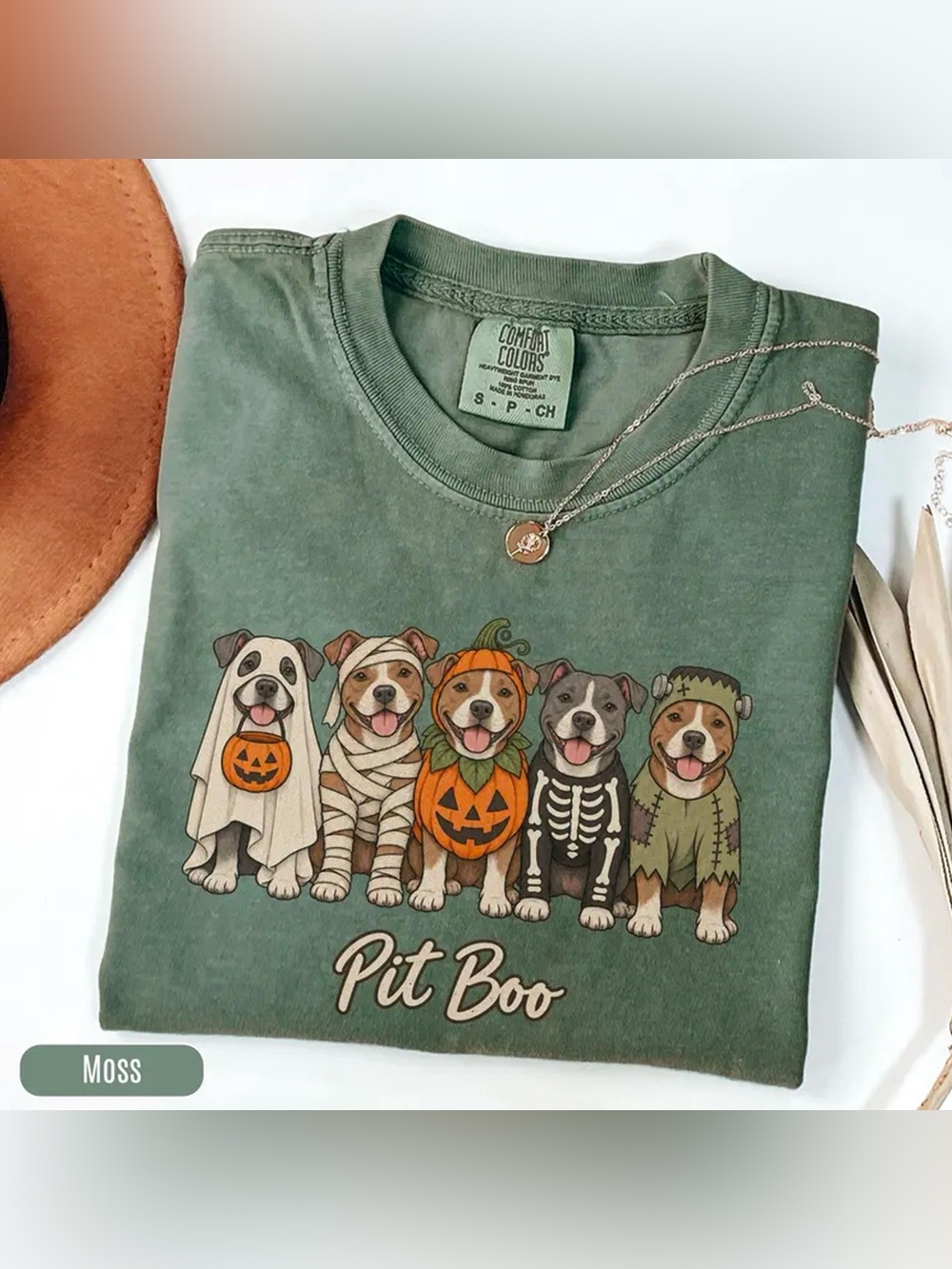 Spooky Season Pitbull Dog Mom Moss Comfort Colors Graphic Tee Halloween